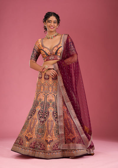 Orange Swarovski Raw Silk Readymade Lehenga-Koskii