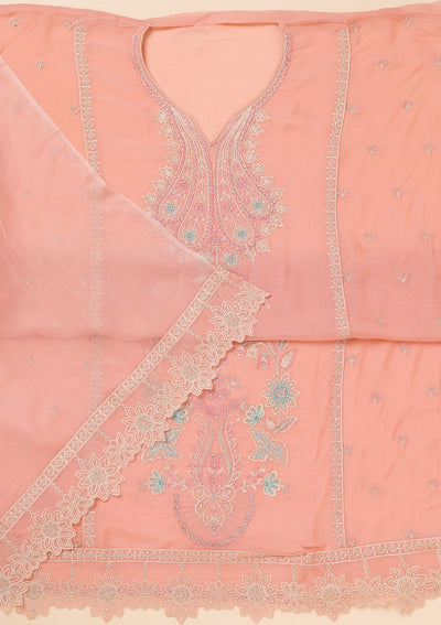 Peach Threadwork Organza Unstitched Salwar Suit-Koskii