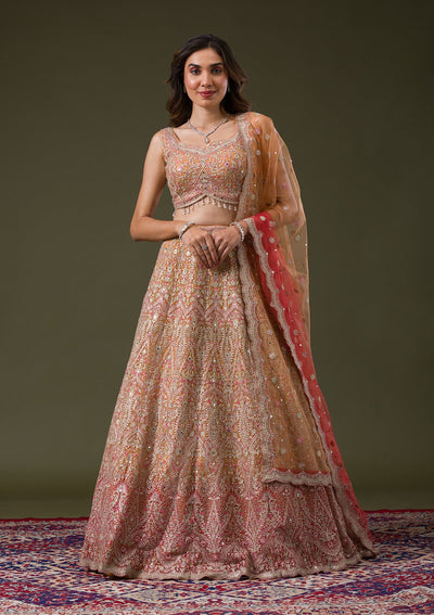 Orange Threadwork Net Readymade Lehenga-Koskii