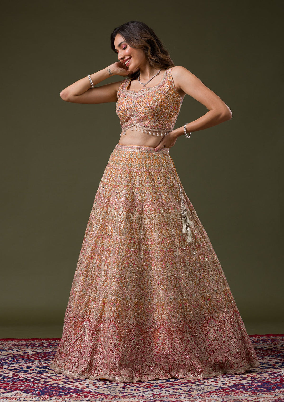 Orange Threadwork Net Readymade Lehenga-Koskii