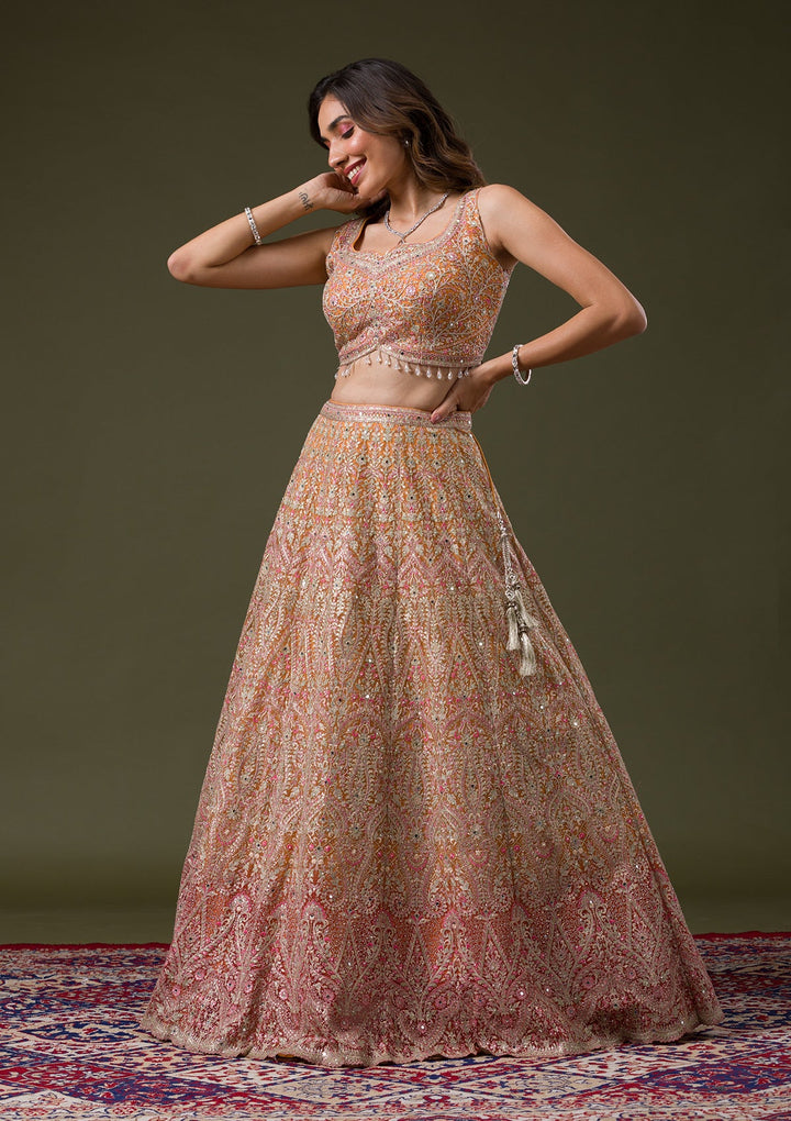 Orange Threadwork Net Readymade Lehenga-Koskii
