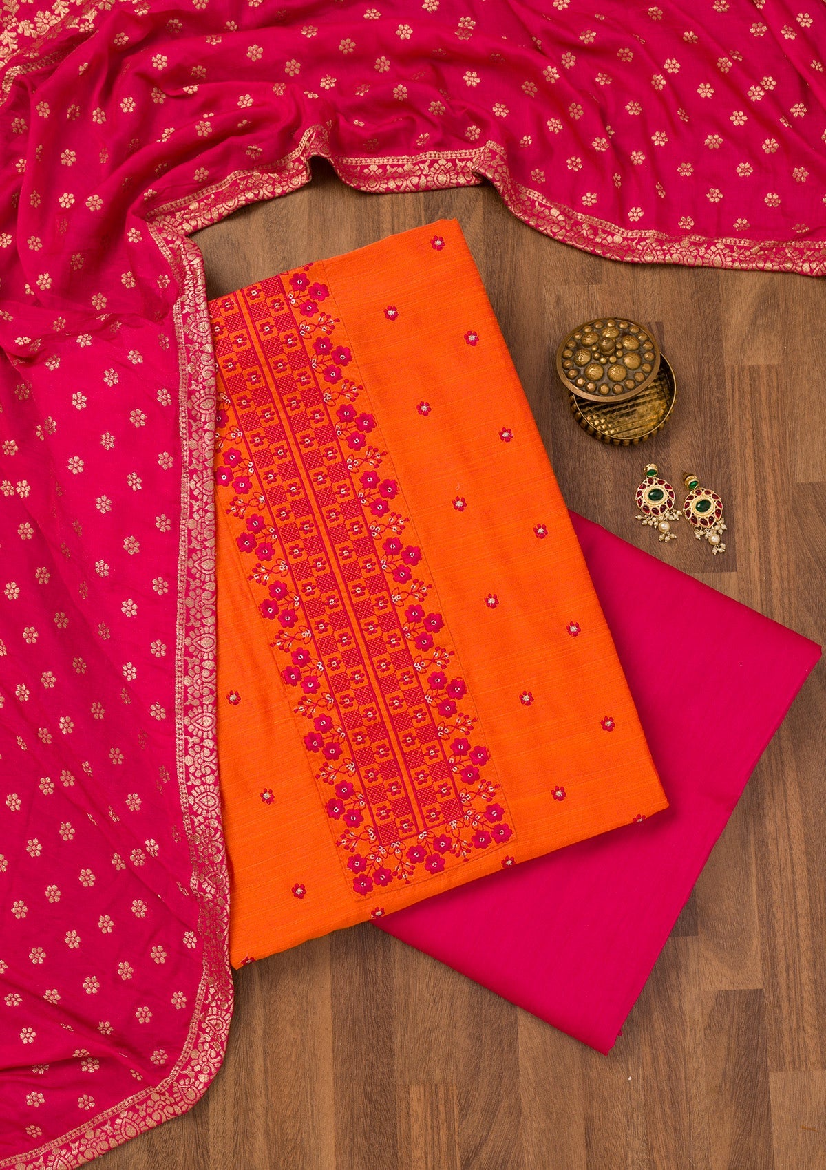 Orange Zariwork Art Silk Unstitched Salwar Suit-Koskii