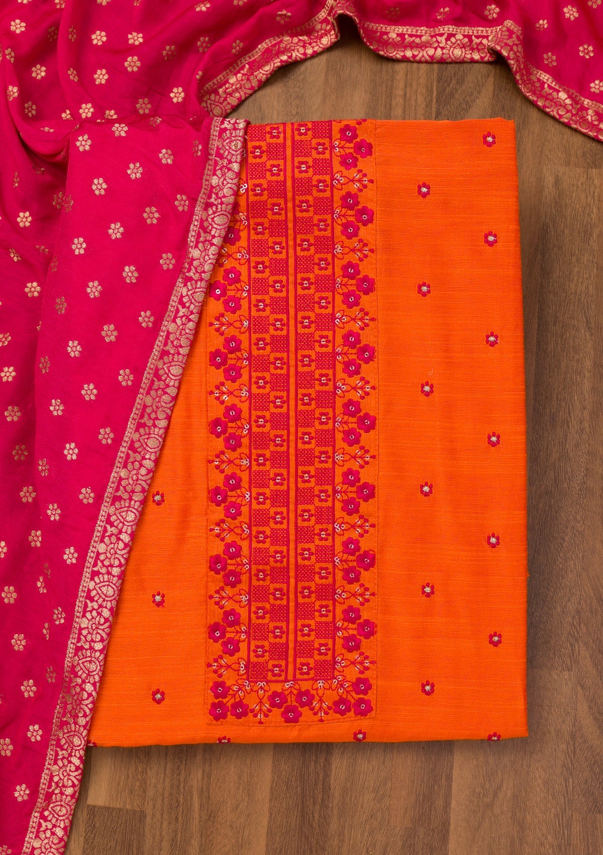 Orange Zariwork Art Silk Unstitched Salwar Suit-Koskii