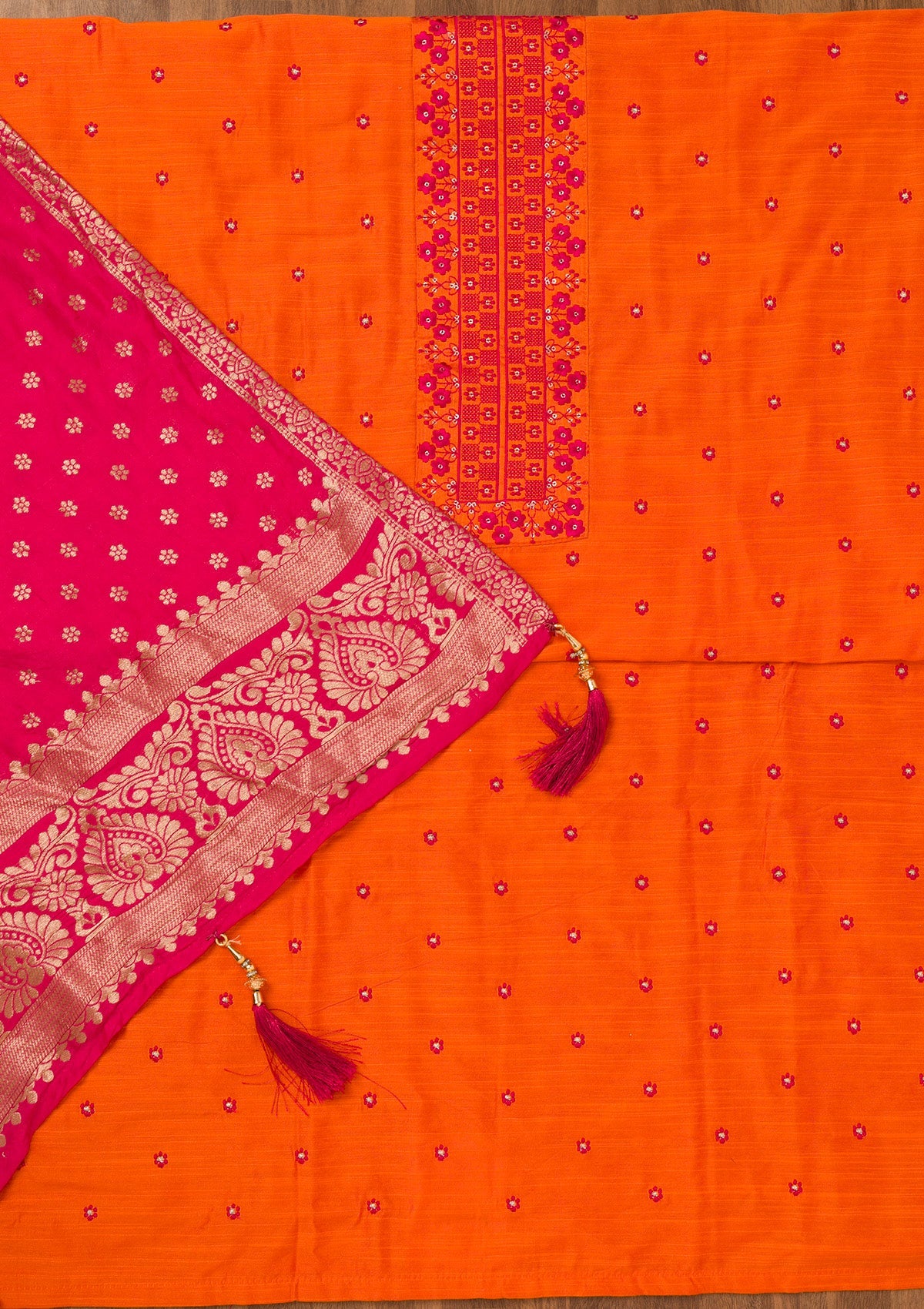 Orange Zariwork Art Silk Unstitched Salwar Suit-Koskii