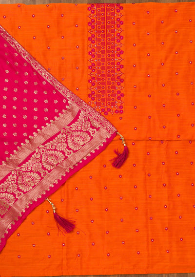 Orange Zariwork Art Silk Unstitched Salwar Suit-Koskii