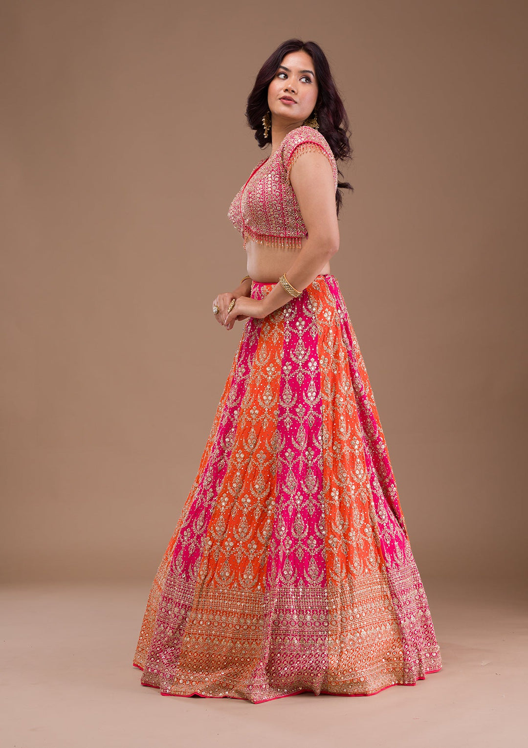 Orange Zariwork Georgette Readymade Lehenga-Koskii