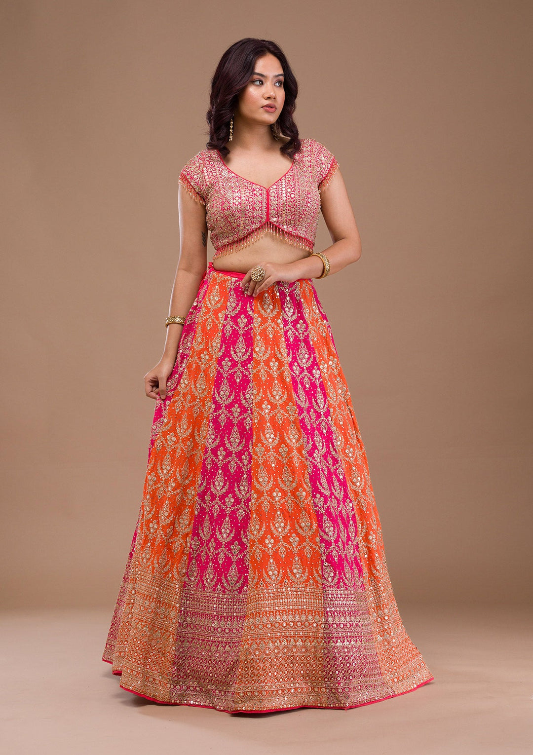 Orange Zariwork Georgette Readymade Lehenga-Koskii