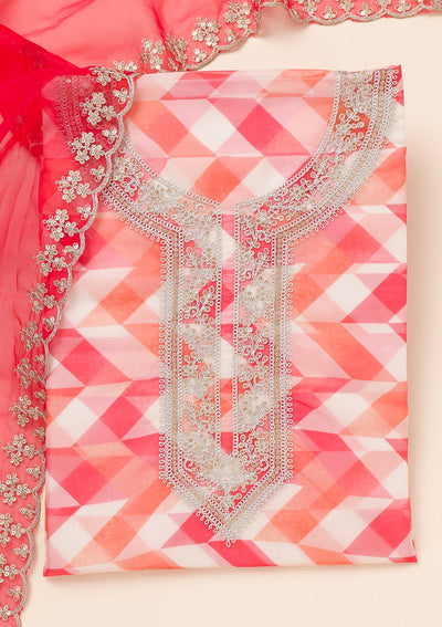 Red Zariwork Organza Unstitched Salwar Suit-Koskii