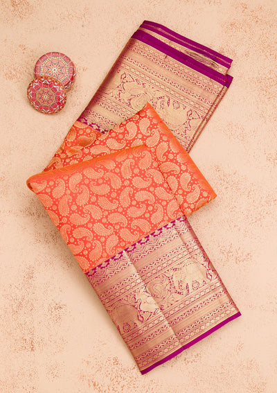 Orange Zariwork Pure Silk Saree-Koskii