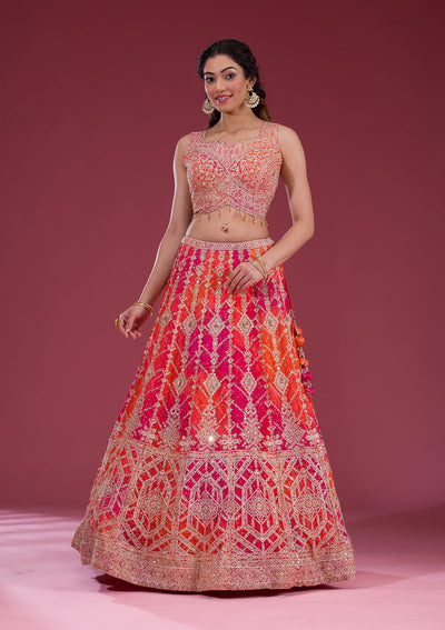 Orange Zariwork Semi Crepe Readymade Lehenga-Koskii