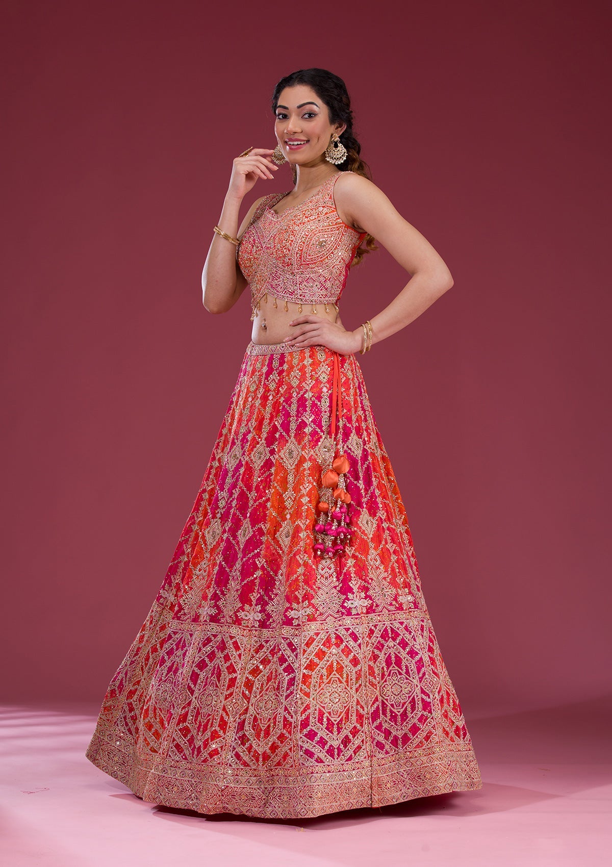 Orange Zariwork Semi Crepe Readymade Lehenga-Koskii