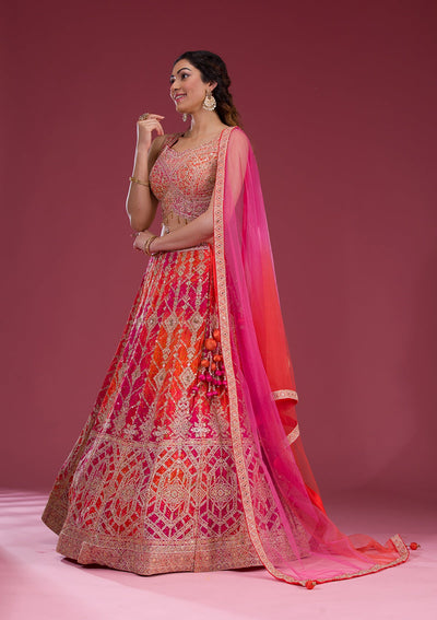 Orange Zariwork Semi Crepe Readymade Lehenga-Koskii