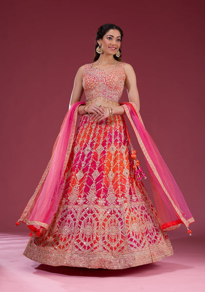 Orange Zariwork Semi Crepe Readymade Lehenga-Koskii