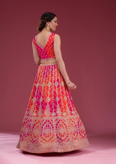 Orange Zariwork Semi Crepe Readymade Lehenga-Koskii