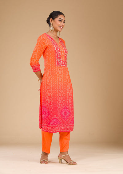 Orange Zariwork Semi Crepe Readymade Salwar Suit