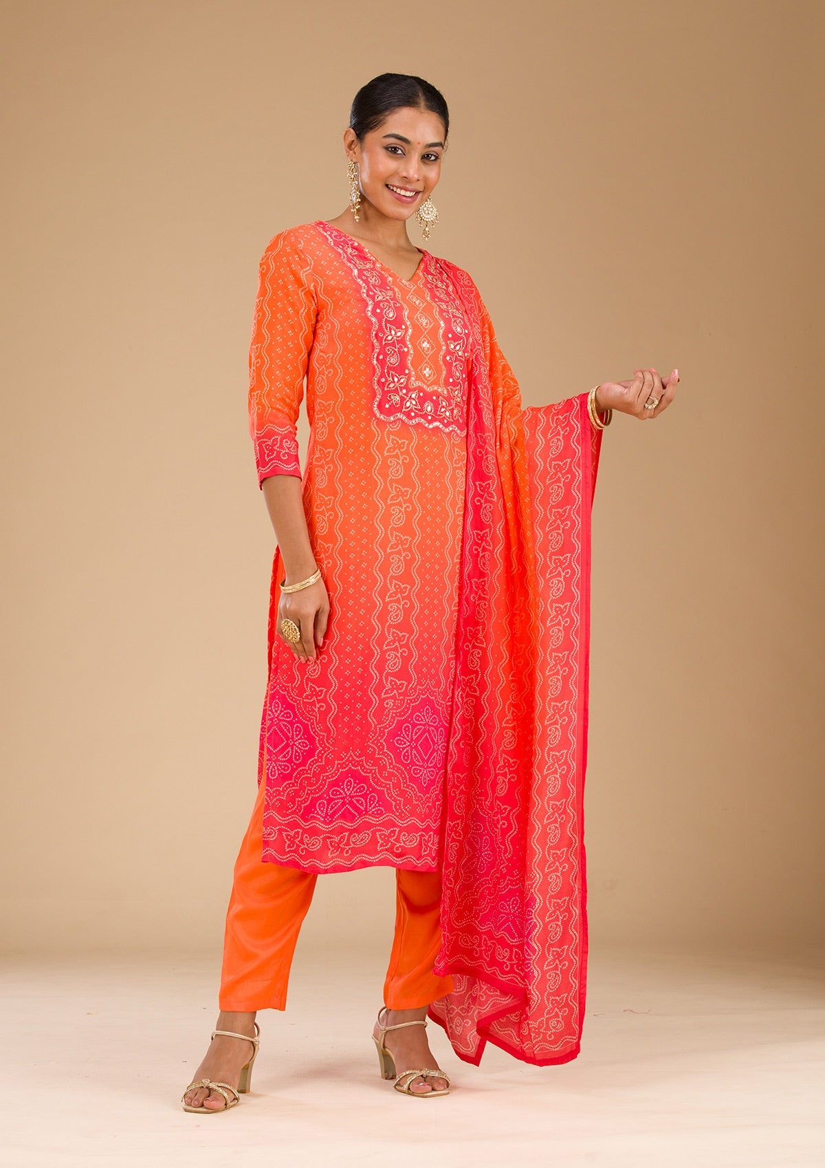 Orange Zariwork Semi Crepe Readymade Salwar Suit
