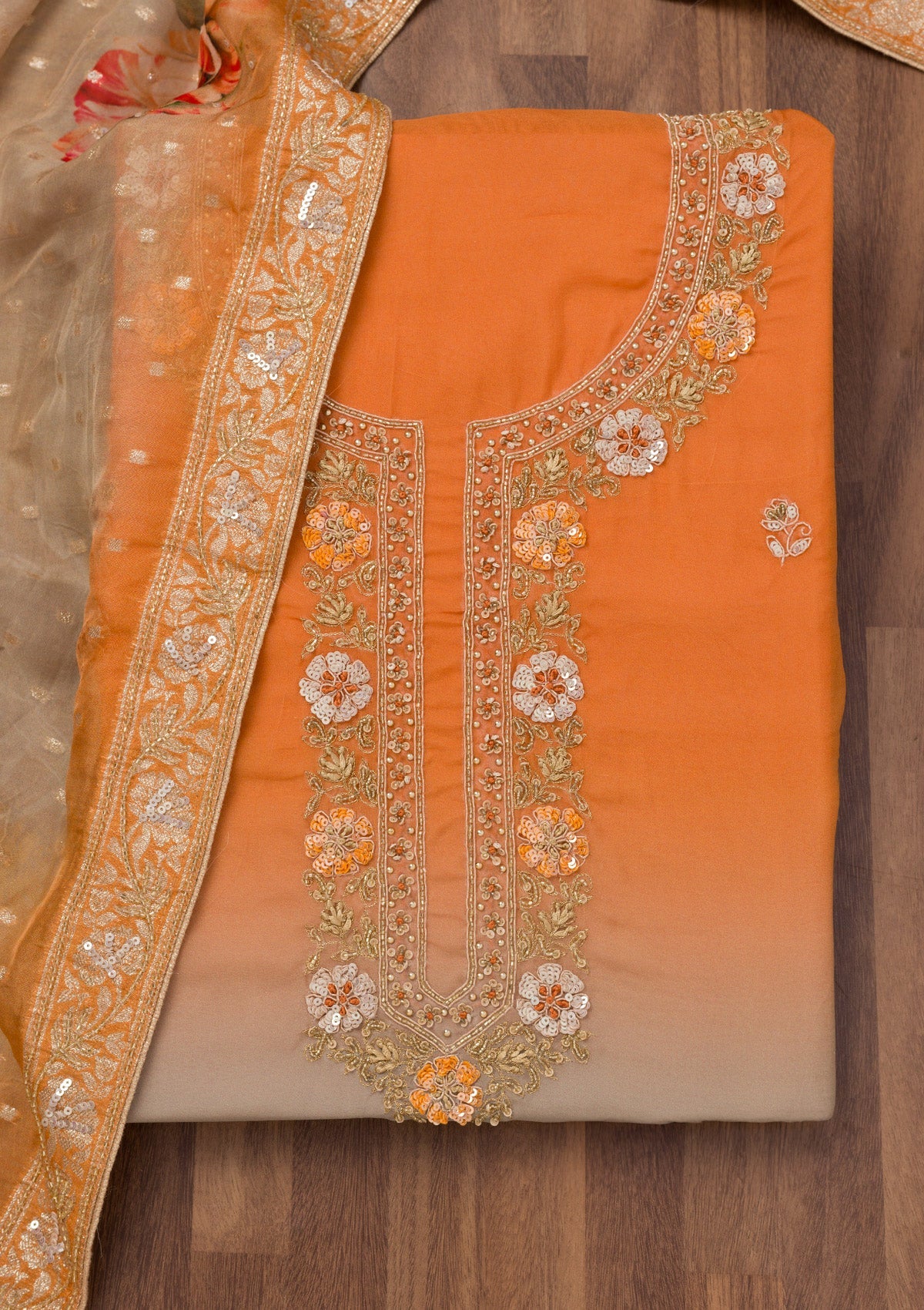 Orange Zariwork Semi Crepe Unstitched Salwar Suit-Koskii