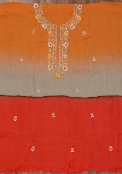 Orange Zariwork Semi Crepe Unstitched Salwar Suit-Koskii