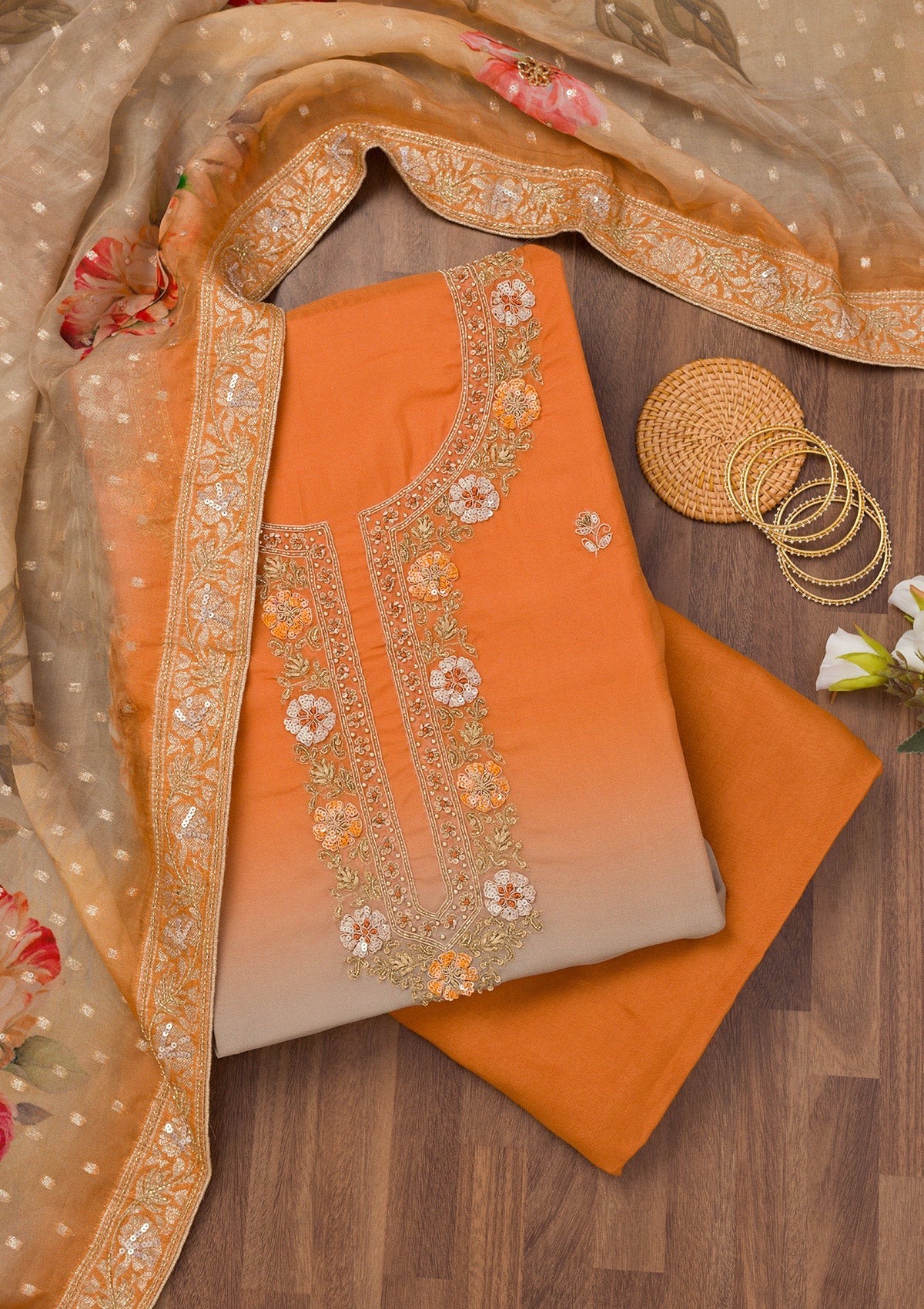 Orange Zariwork Semi Crepe Unstitched Salwar Suit-Koskii