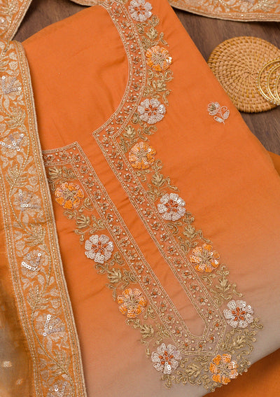 Orange Zariwork Semi Crepe Unstitched Salwar Suit-Koskii