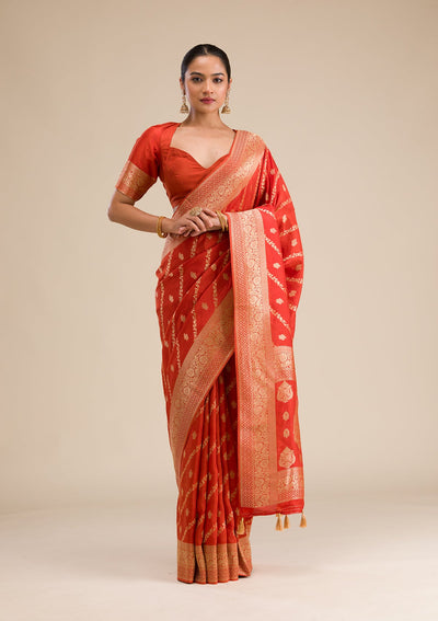 Orange Zariwork Semi Crepe Saree-Koskii