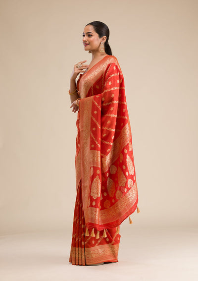 Orange Zariwork Semi Crepe Saree-Koskii