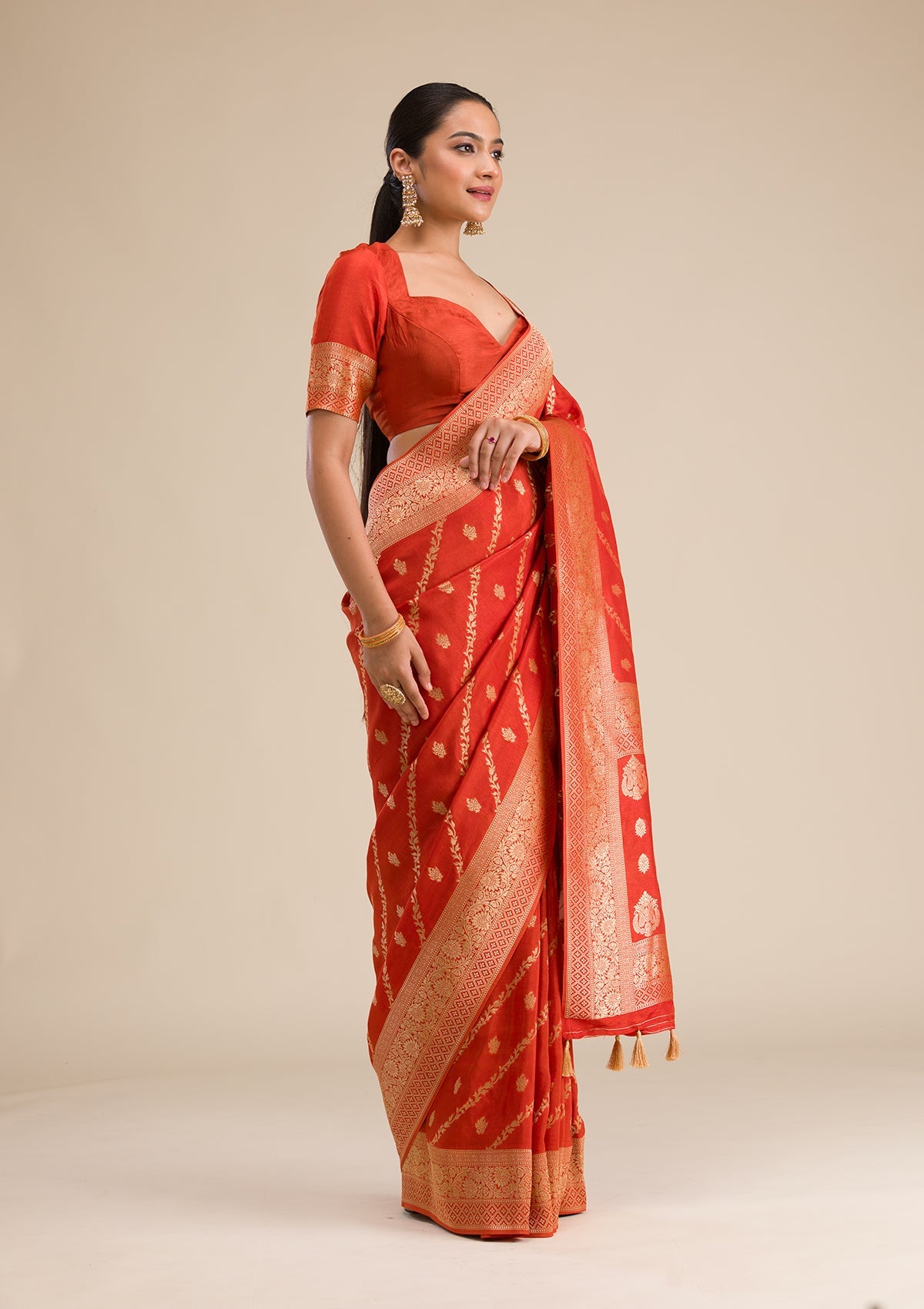 Orange Zariwork Semi Crepe Saree-Koskii