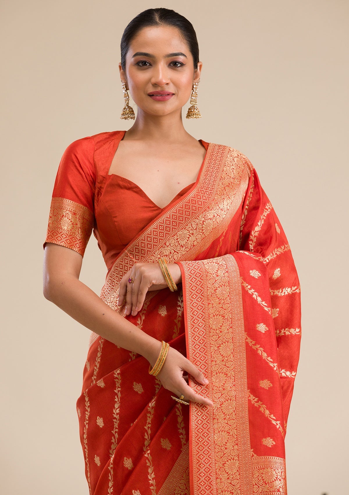 Orange Zariwork Semi Crepe Saree-Koskii