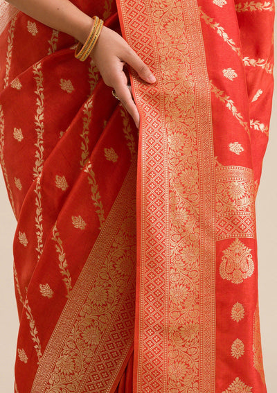 Orange Zariwork Semi Crepe Saree-Koskii