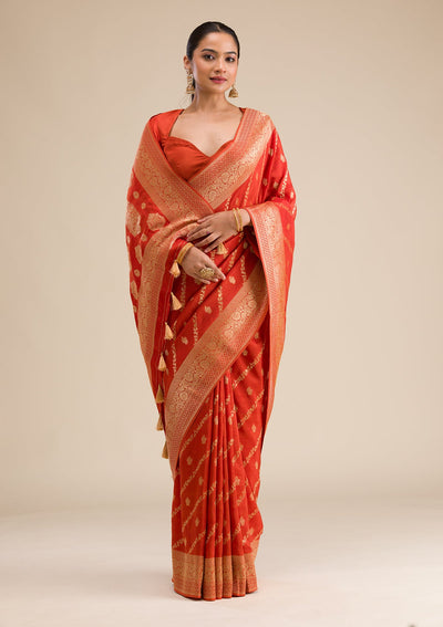 Orange Zariwork Semi Crepe Saree-Koskii