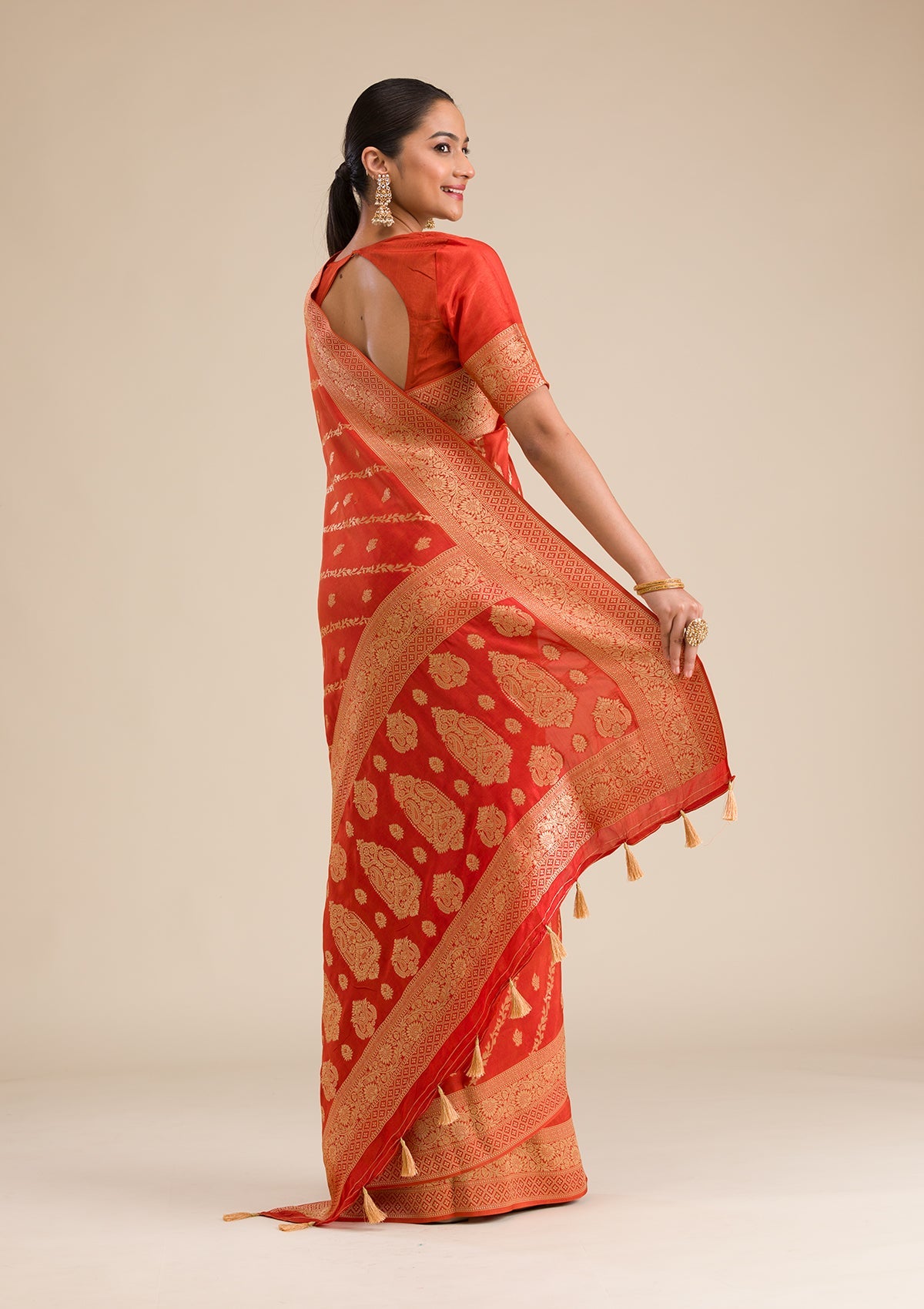 Orange Zariwork Semi Crepe Saree-Koskii