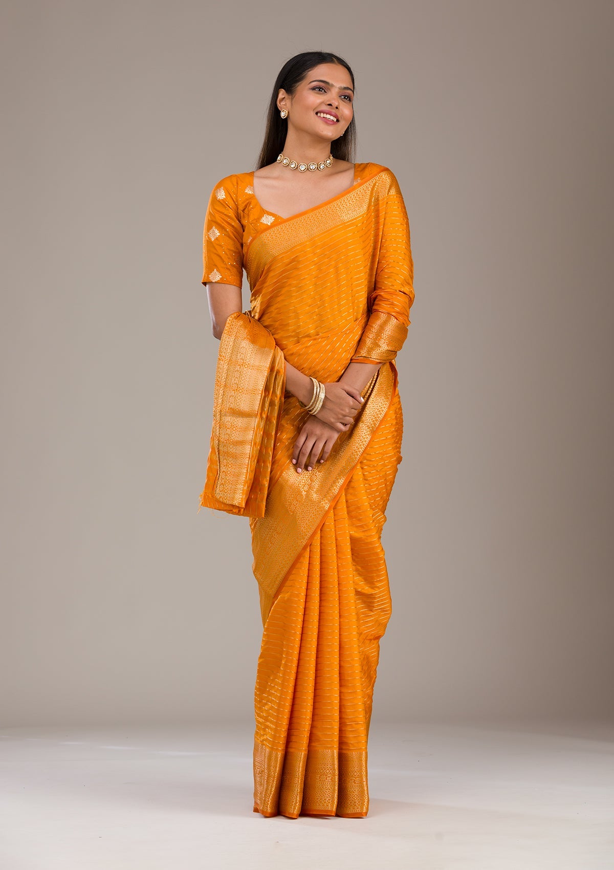 Orange Zariwork Soft Silk Saree-Koskii