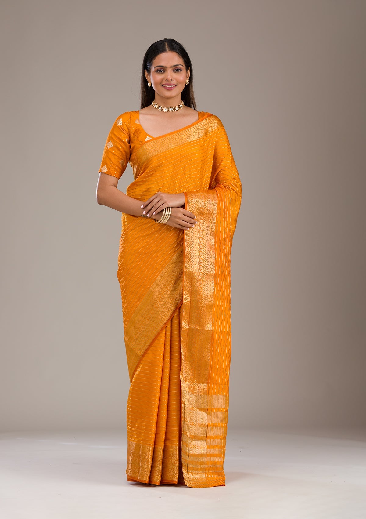 Orange Zariwork Soft Silk Saree-Koskii