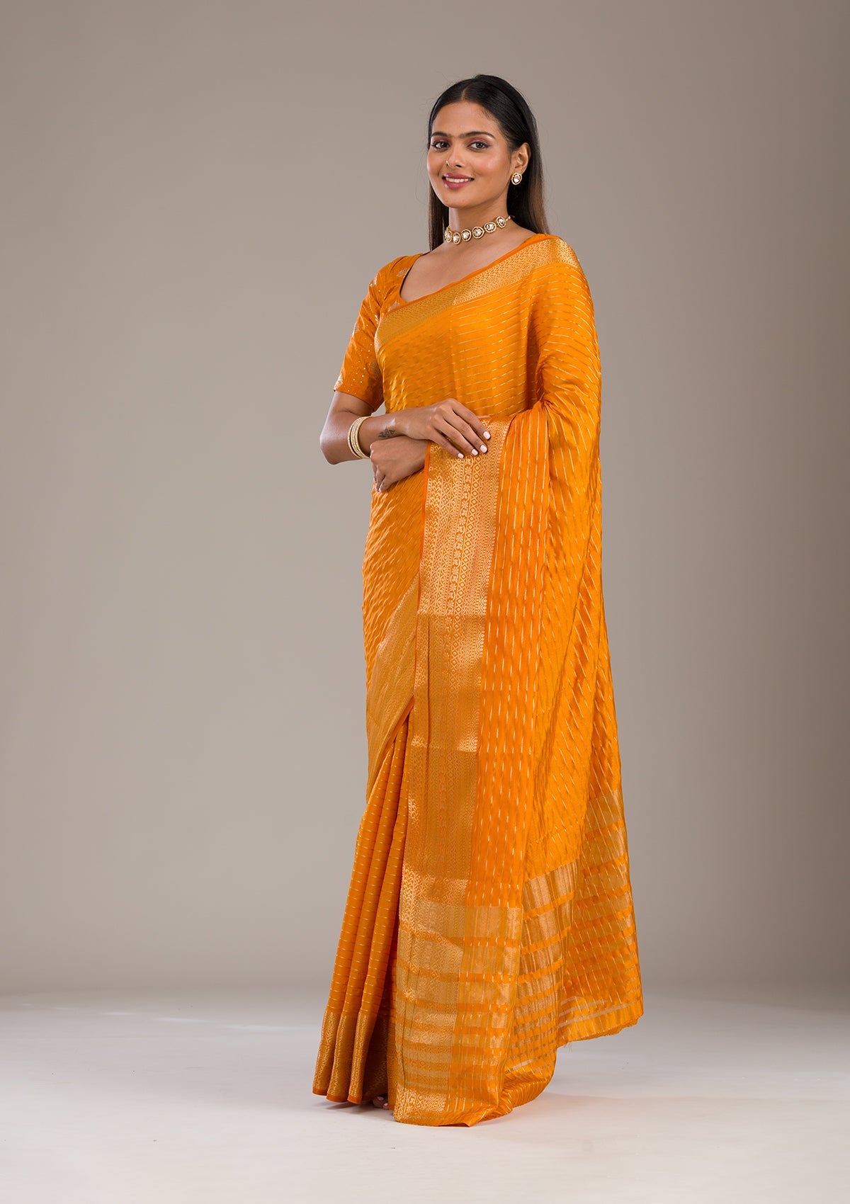 Orange Zariwork Soft Silk Saree-Koskii