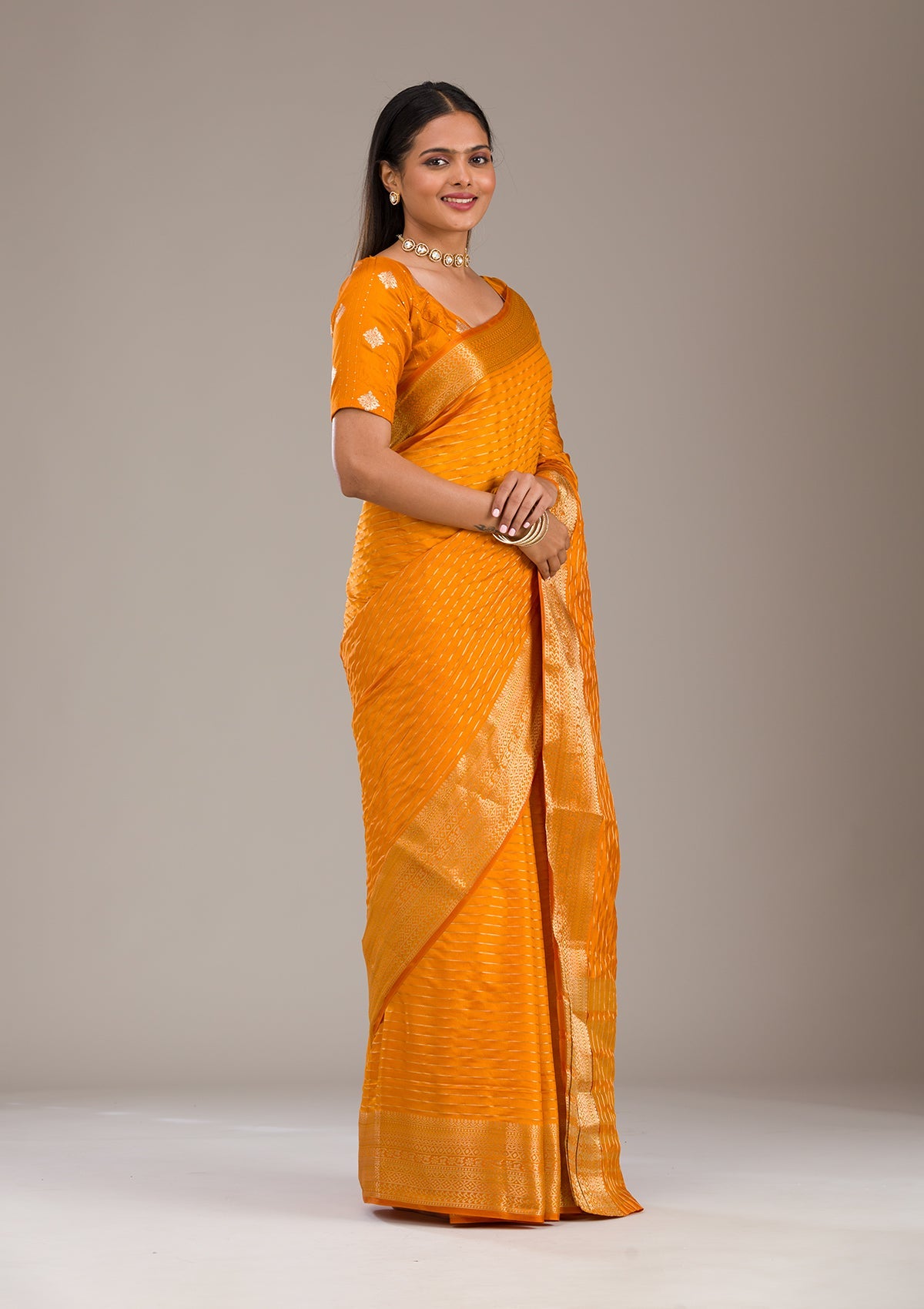 Orange Zariwork Soft Silk Saree-Koskii