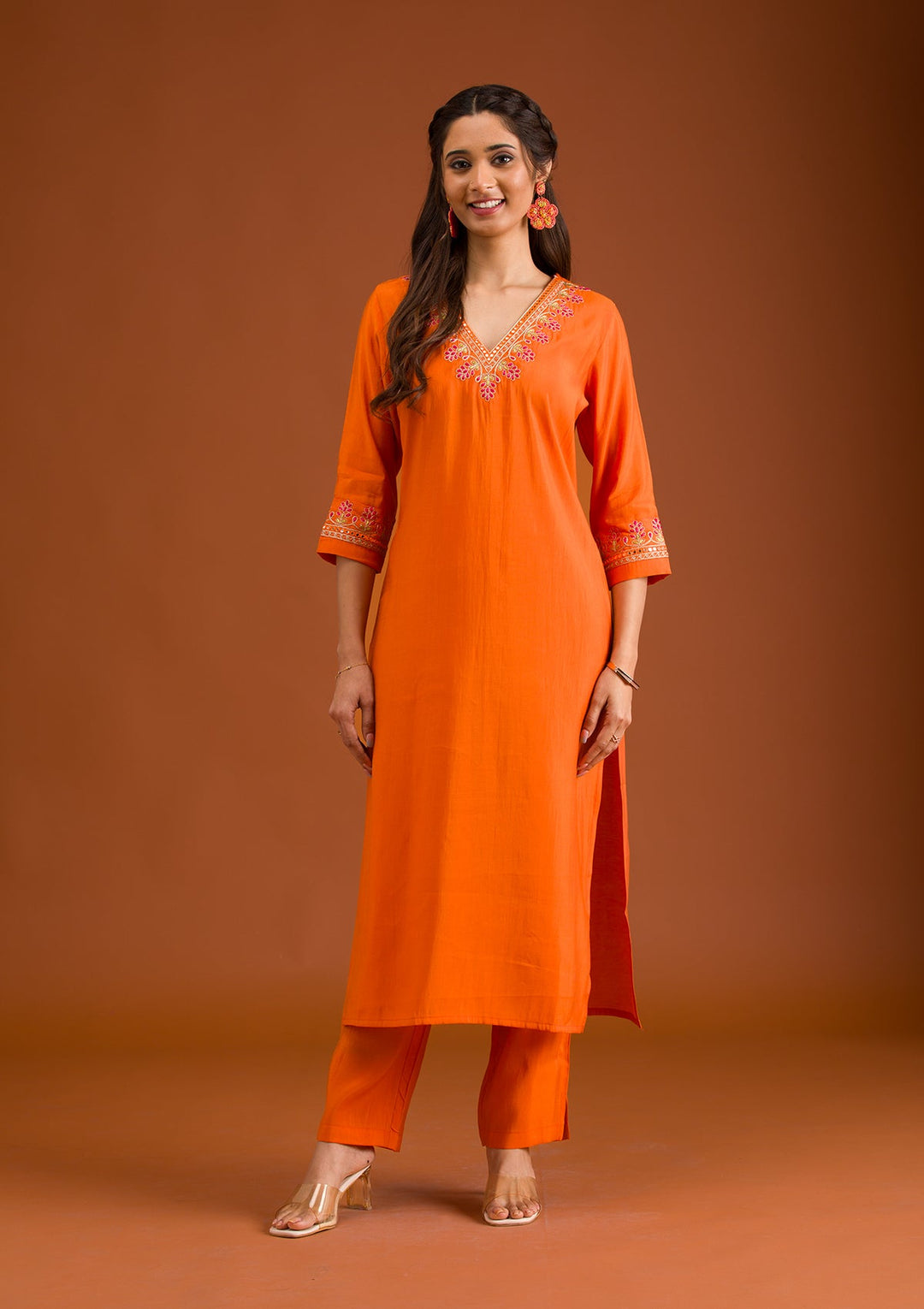 Orange Zariwork Tissue Readymade Salwar Suit-Koskii