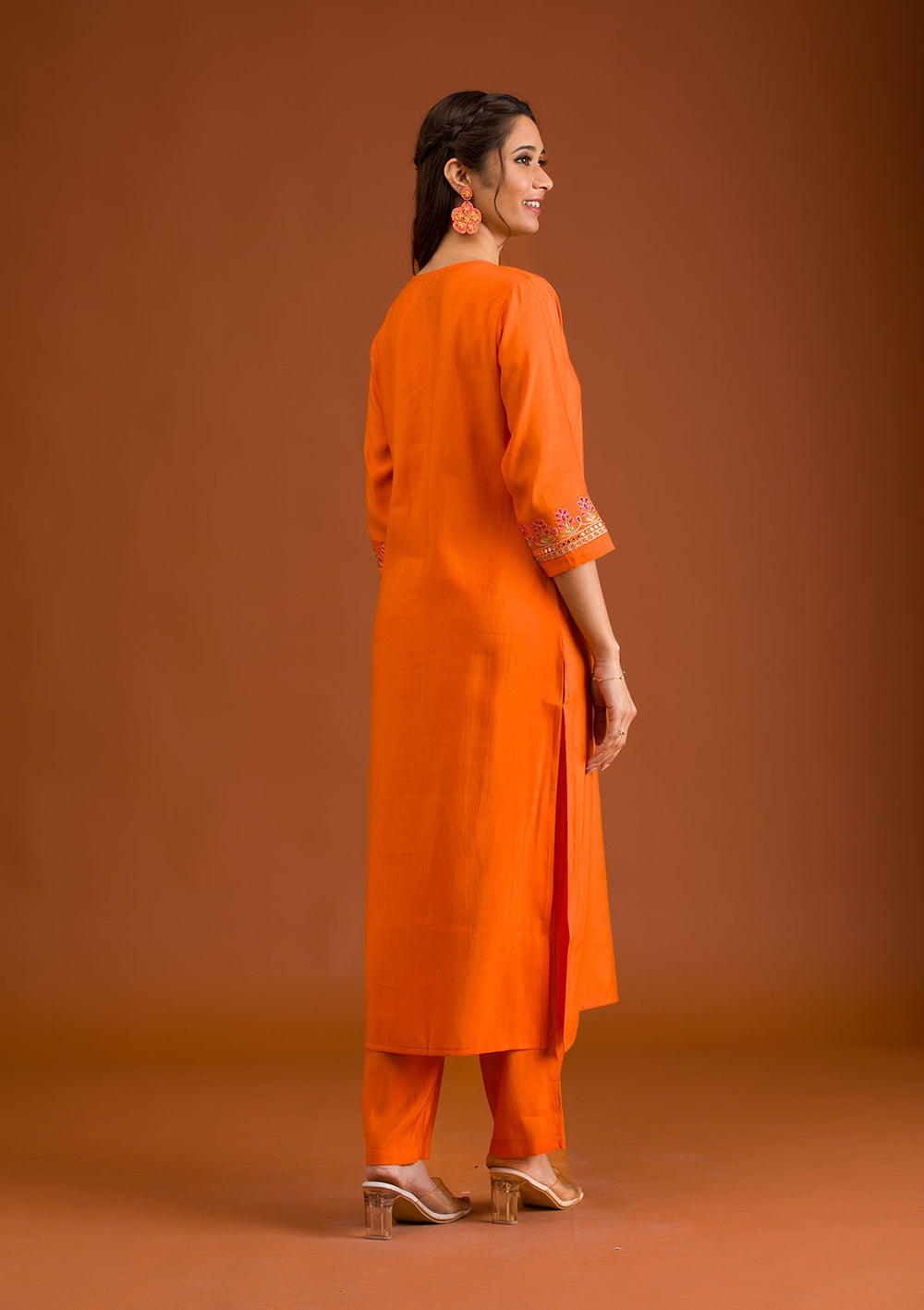 Orange Zariwork Tissue Readymade Salwar Suit-Koskii