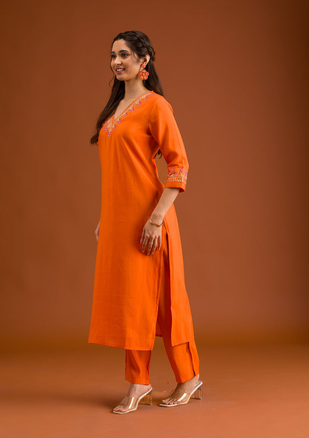 Orange Zariwork Tissue Readymade Salwar Suit-Koskii