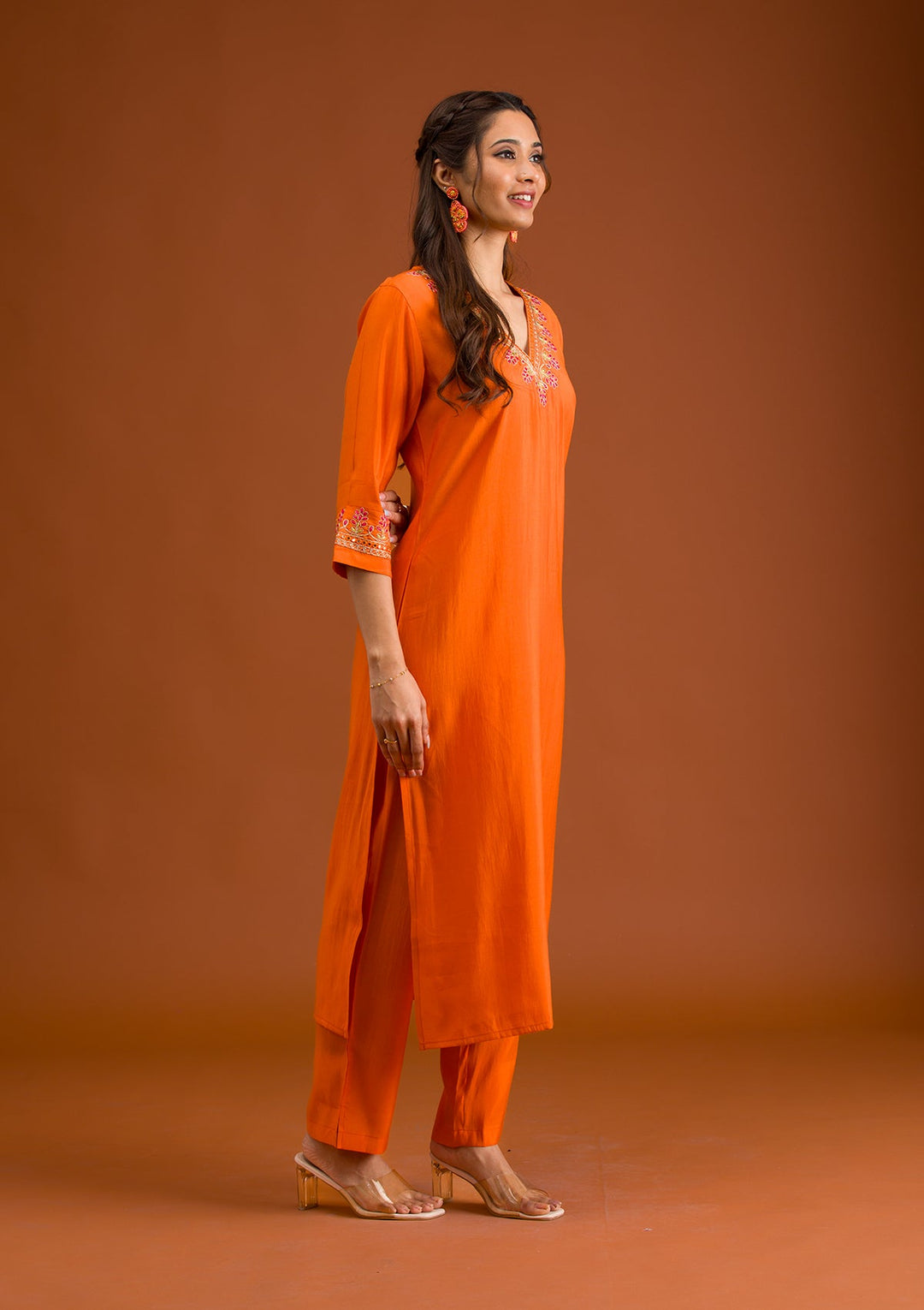 Orange Zariwork Tissue Readymade Salwar Suit-Koskii