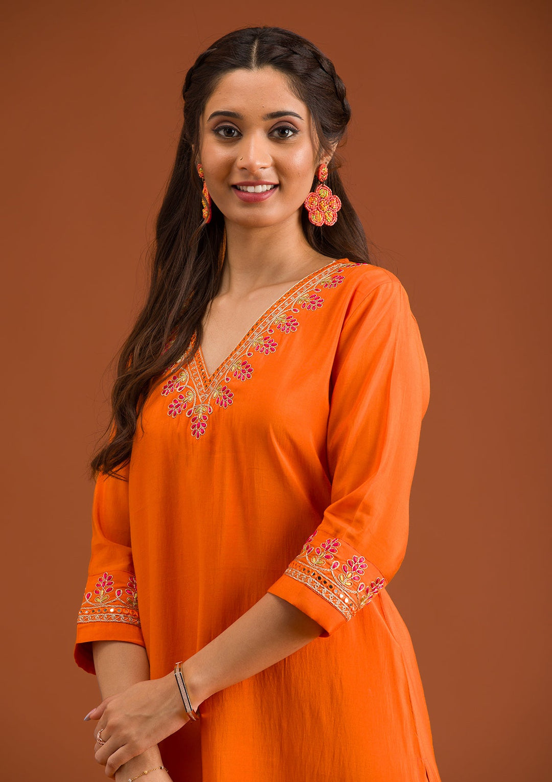 Orange Zariwork Tissue Readymade Salwar Suit-Koskii