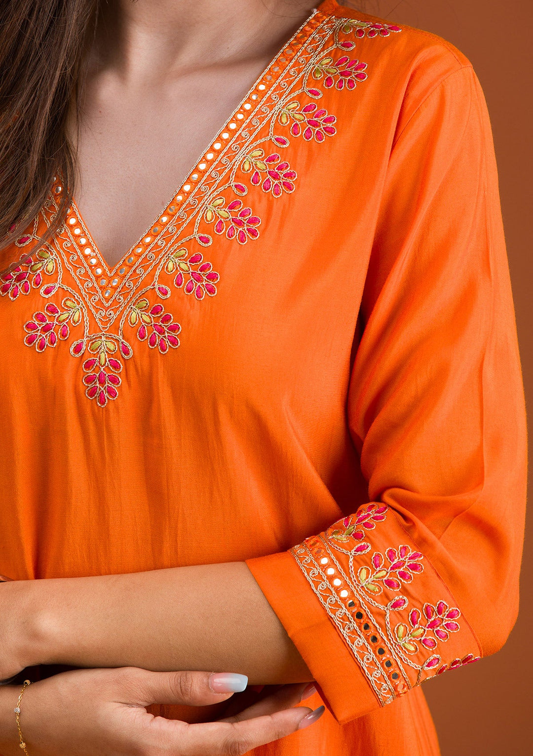 Orange Zariwork Tissue Readymade Salwar Suit-Koskii