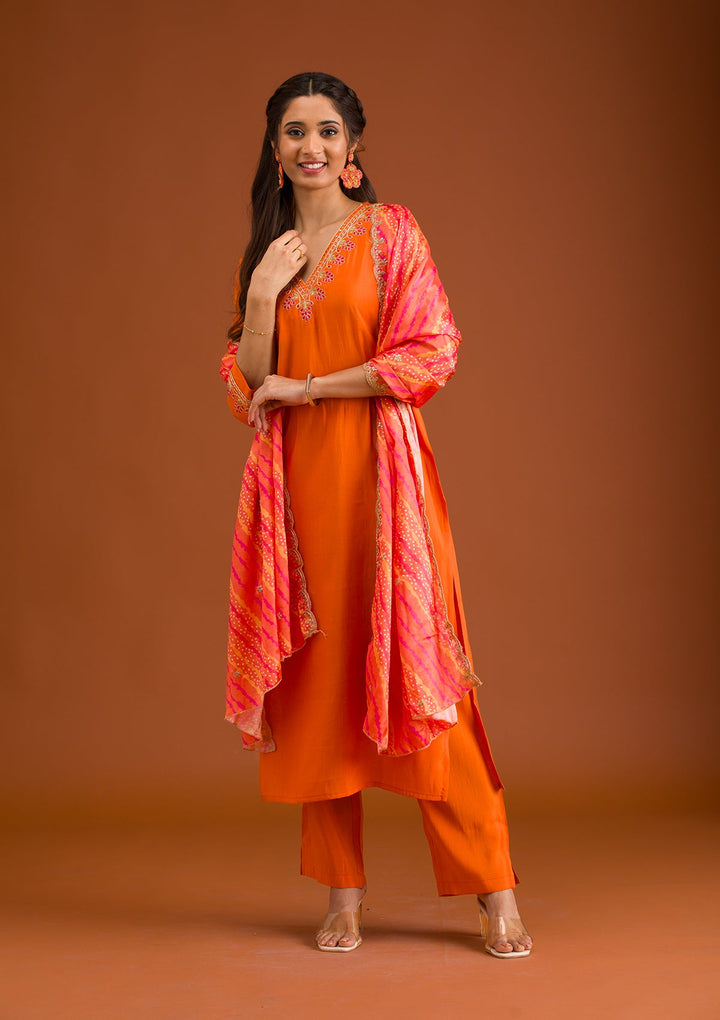 Orange Zariwork Tissue Readymade Salwar Suit-Koskii
