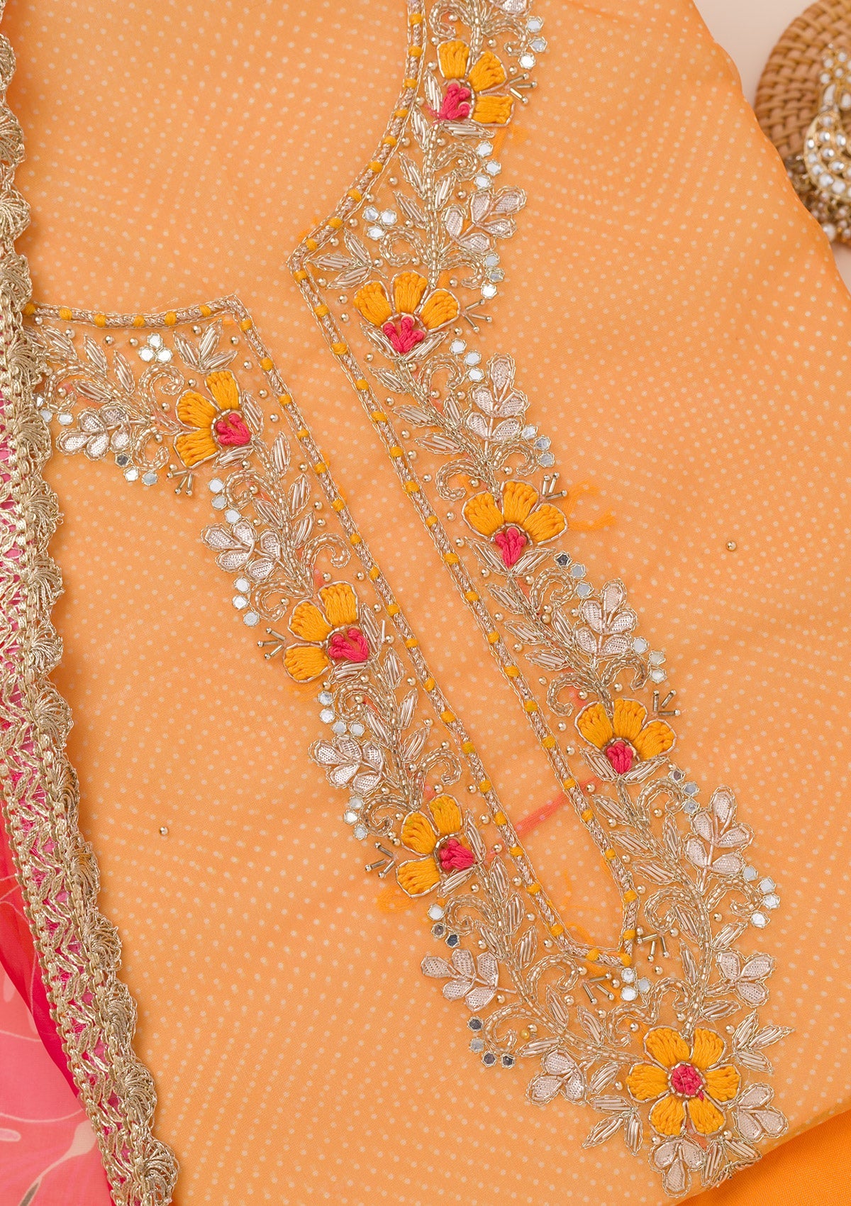 Orange Zariwork Tissue Unstitched Salwar Suit-Koskii