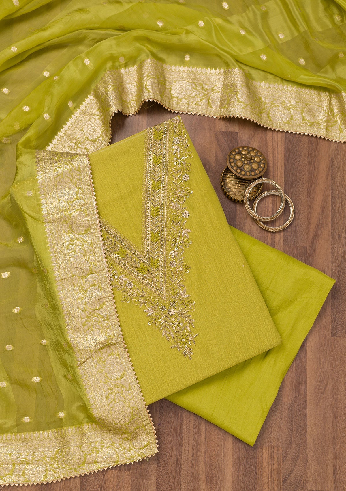 Parrot Green Zariwork Raw Silk Unstitched Salwar Suit-Koskii