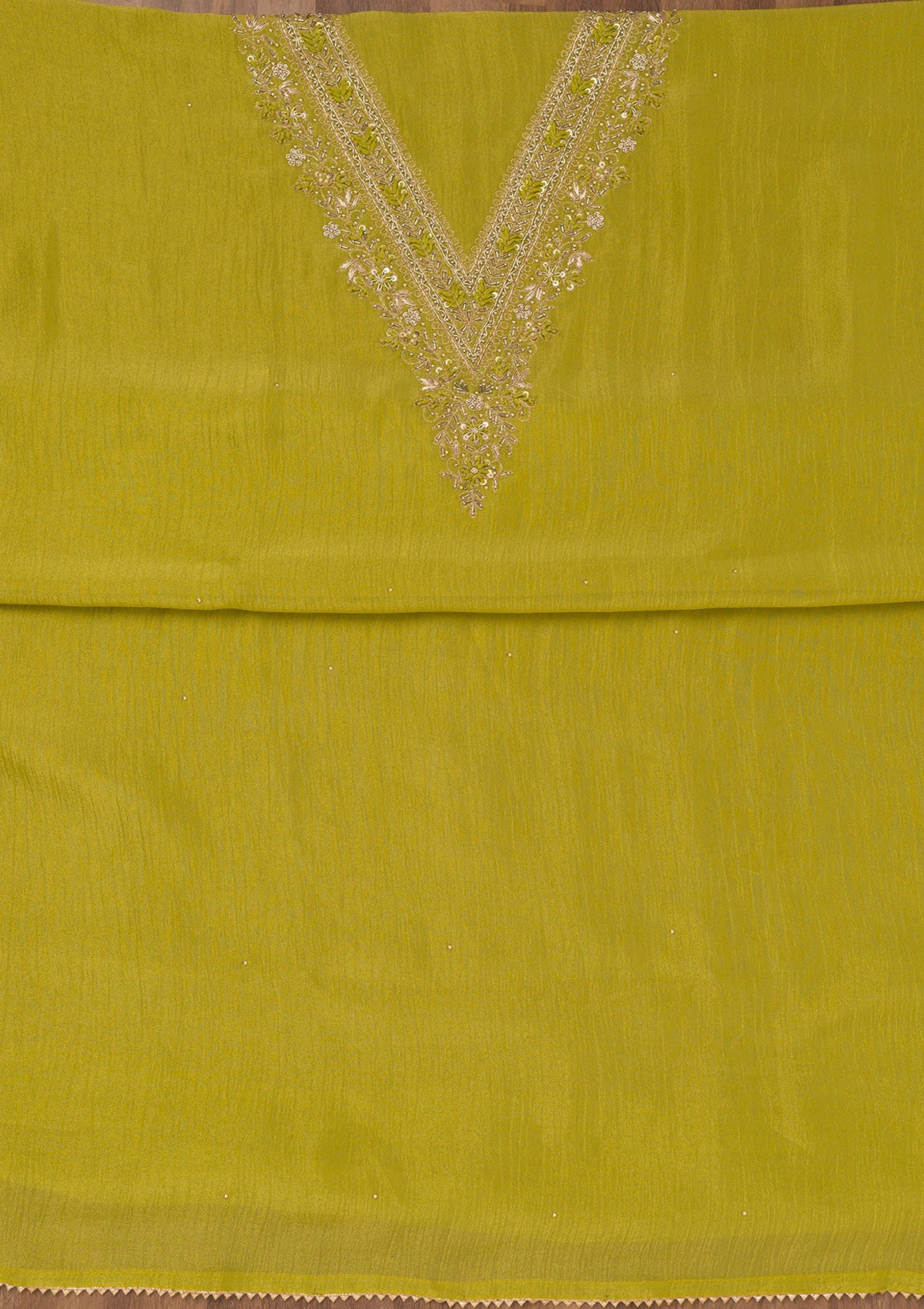 Parrot Green Zariwork Raw Silk Unstitched Salwar Suit-Koskii