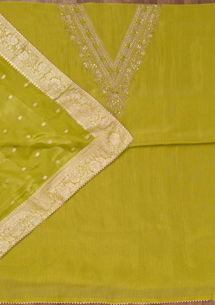 Parrot Green Zariwork Raw Silk Unstitched Salwar Suit-Koskii