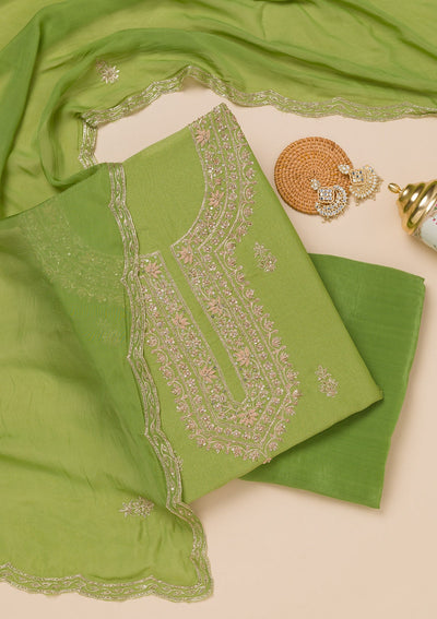 Parrot Green Cutdana Tissue Unstitched Salwar Suit-Koskii