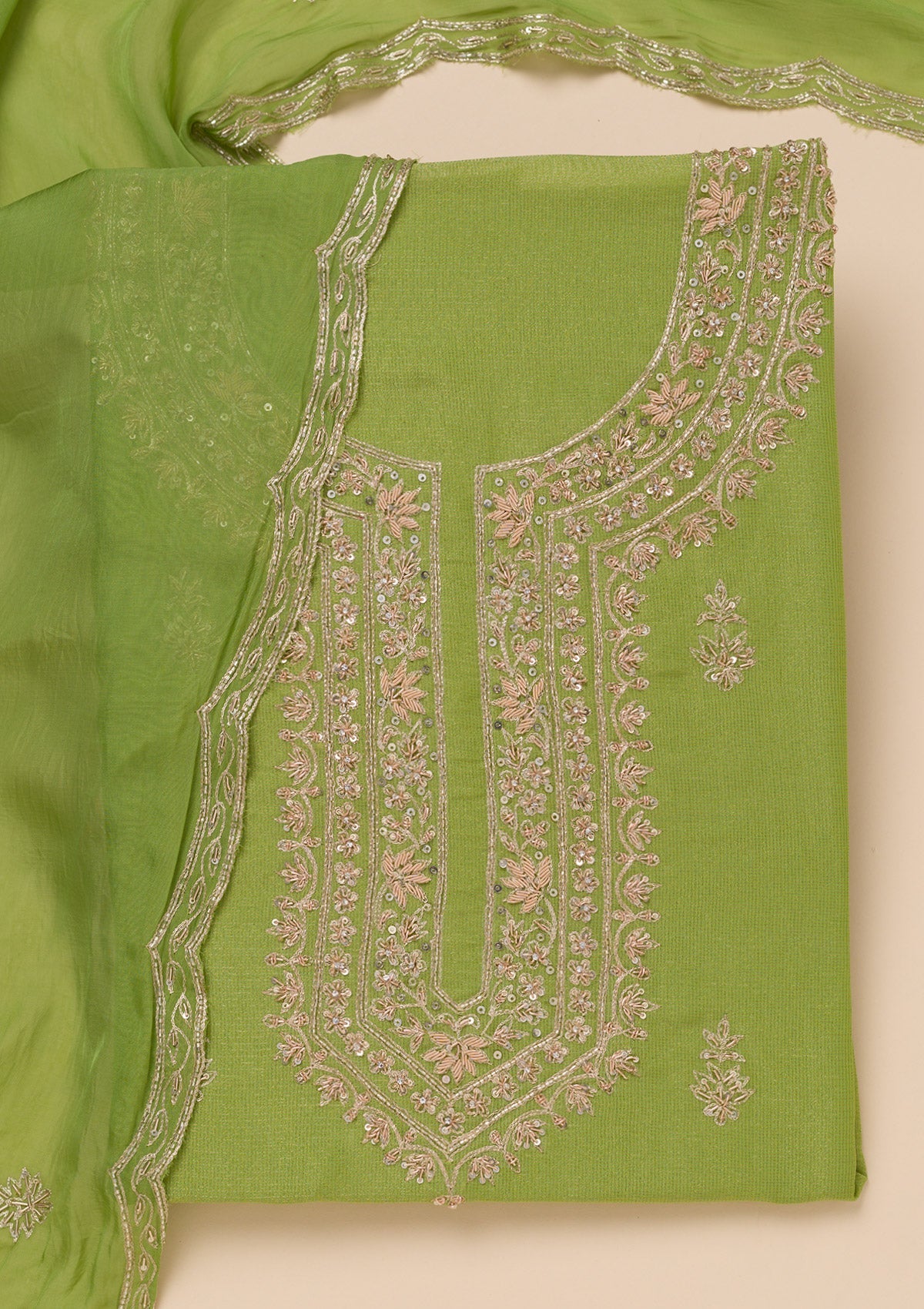 Parrot Green Cutdana Tissue Unstitched Salwar Suit-Koskii