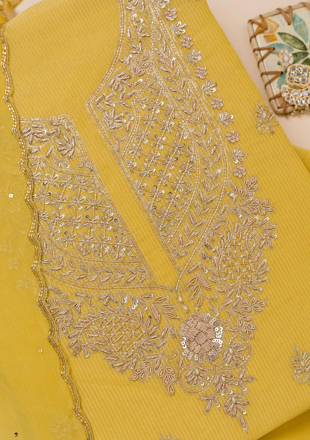 Parrot Green Cutdana Tissue Unstitched Salwar Suit-Koskii