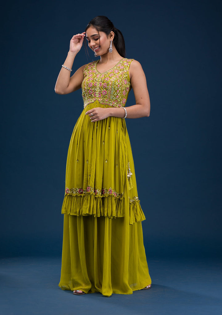 Parrot Green Mirrorwork Georgette Readymade Salwar Suit-Koskii